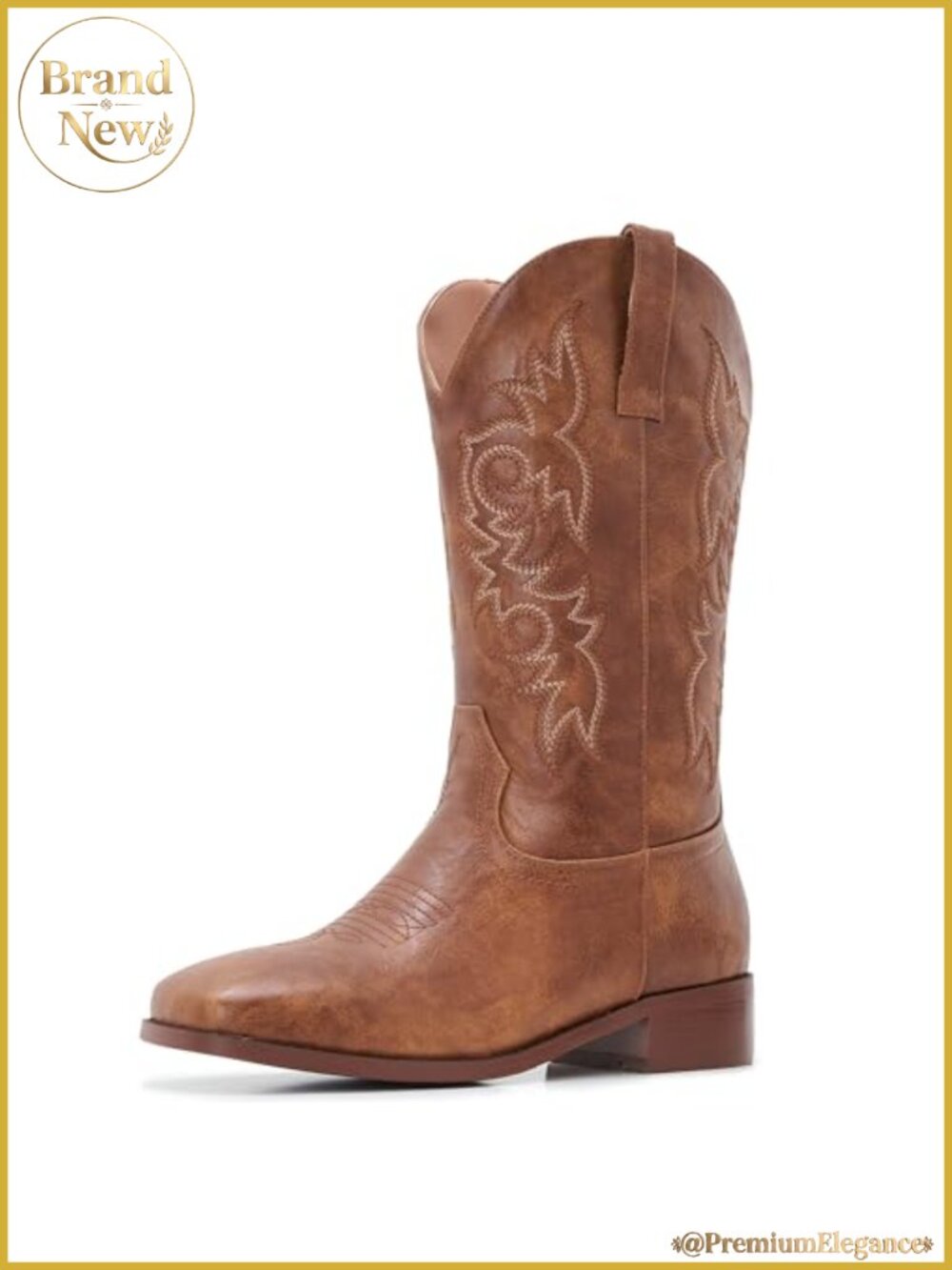 Square Toe Cowgirl Boots Women Mid Calf Low Heel Faux Leather